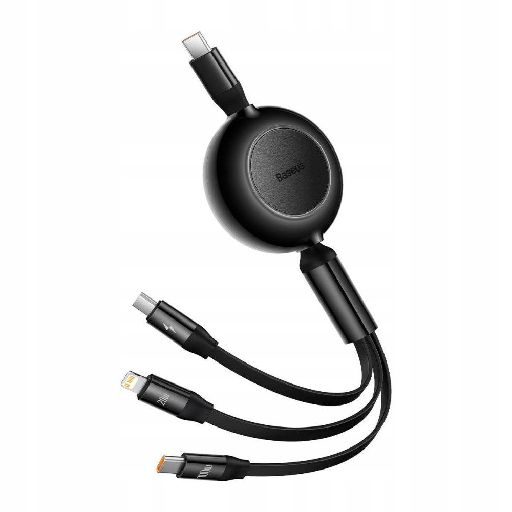 Кабель Baseus Bright Mirror 2 Series Retractable 3-in-1 Fast Charging Data Cable Type-C to M+L+C 100W 1.1m Black