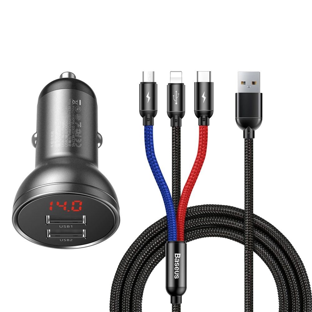 Автомобільний зарядний пристрій Baseus Digital Display Dual USB 4.8A Car Charger 24W+Three Primary Colors 3-in-1 Cable1.2M