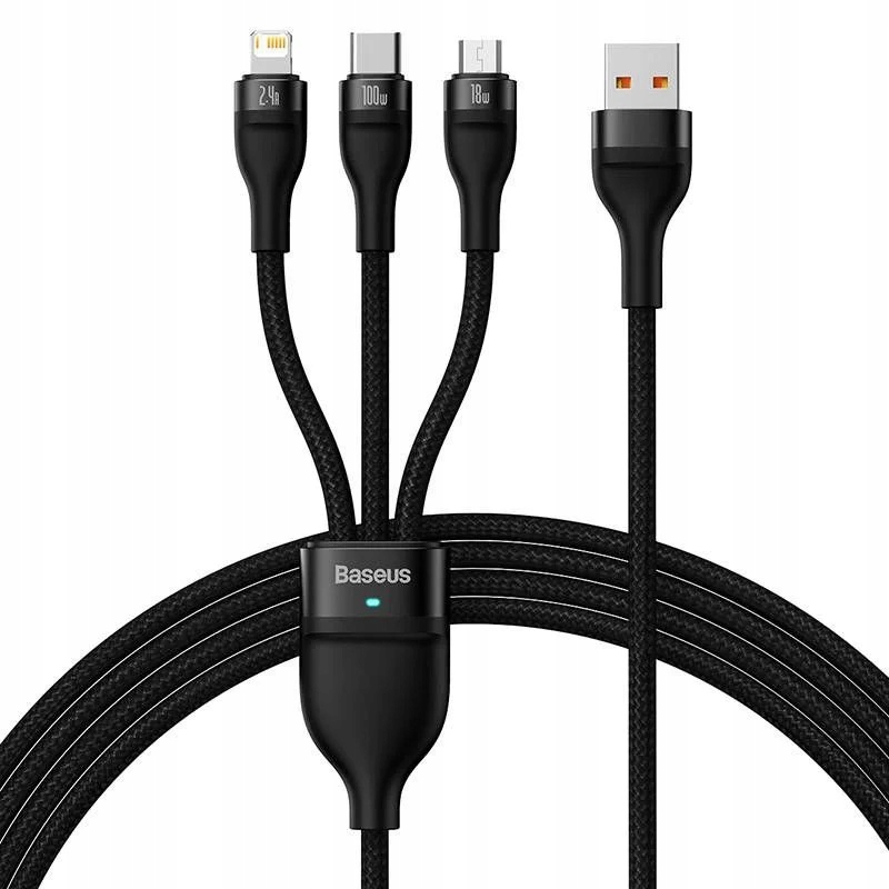 Кабель Baseus Flash Series Ⅱ One-for-three Fast Charging Data Cable USB to M+L+C 66W 1.2m Black