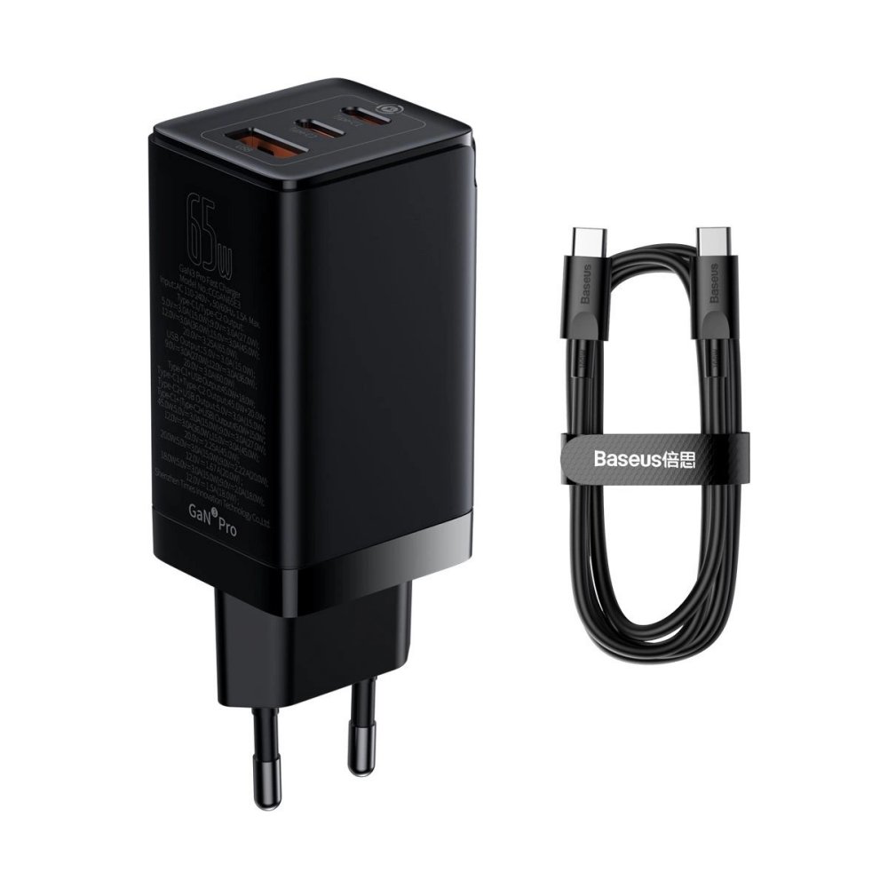 МЗП Baseus GaN3 Pro Fast Charger 2C+U 65W (Cable Type-C to Type-C 100W(20V/5A) 1m) Black