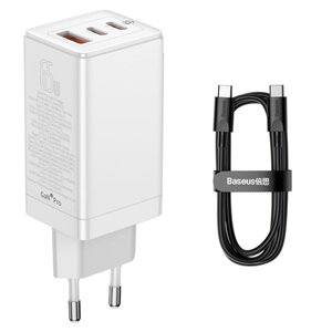 МЗП Baseus GaN3 Pro Fast Charger 2C+U 65W EU White(Include：Baseus Xiaobai series fast charging Cable Type-C to Type-C 100W(20V/5A) 1m White）