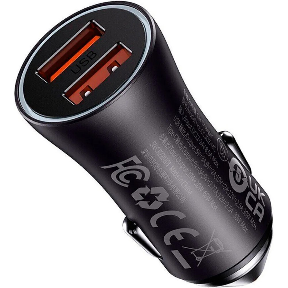 Автомобільний зарядний пристрій Baseus Golden Contactor Max Dual Fast Charger Car Charger U+U 60W Dark Gray