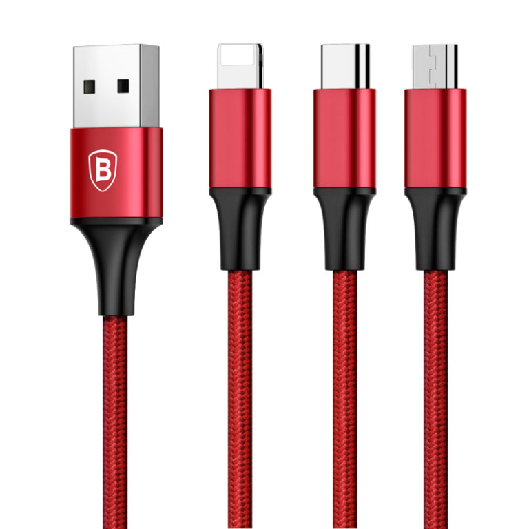 Кабель Baseus Rapid Series 3-in-1 Cable Micro-USB + Lightning +Type-C, 3A, 1.2M красный