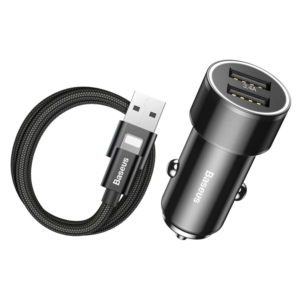 Комплект автомобильное зарядное устройство + кабель lightning Baseus Small Screw 3.4A Dual-USB черный
