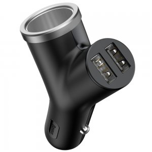 АЗП Baseus Y type dual USB+cigarette lighter extended car charger 3.1 A Black